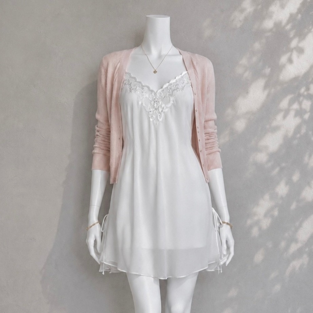 Oscar de la Renta Pink Label White Bridal Slip Dress M Y2K Coquette Chemise